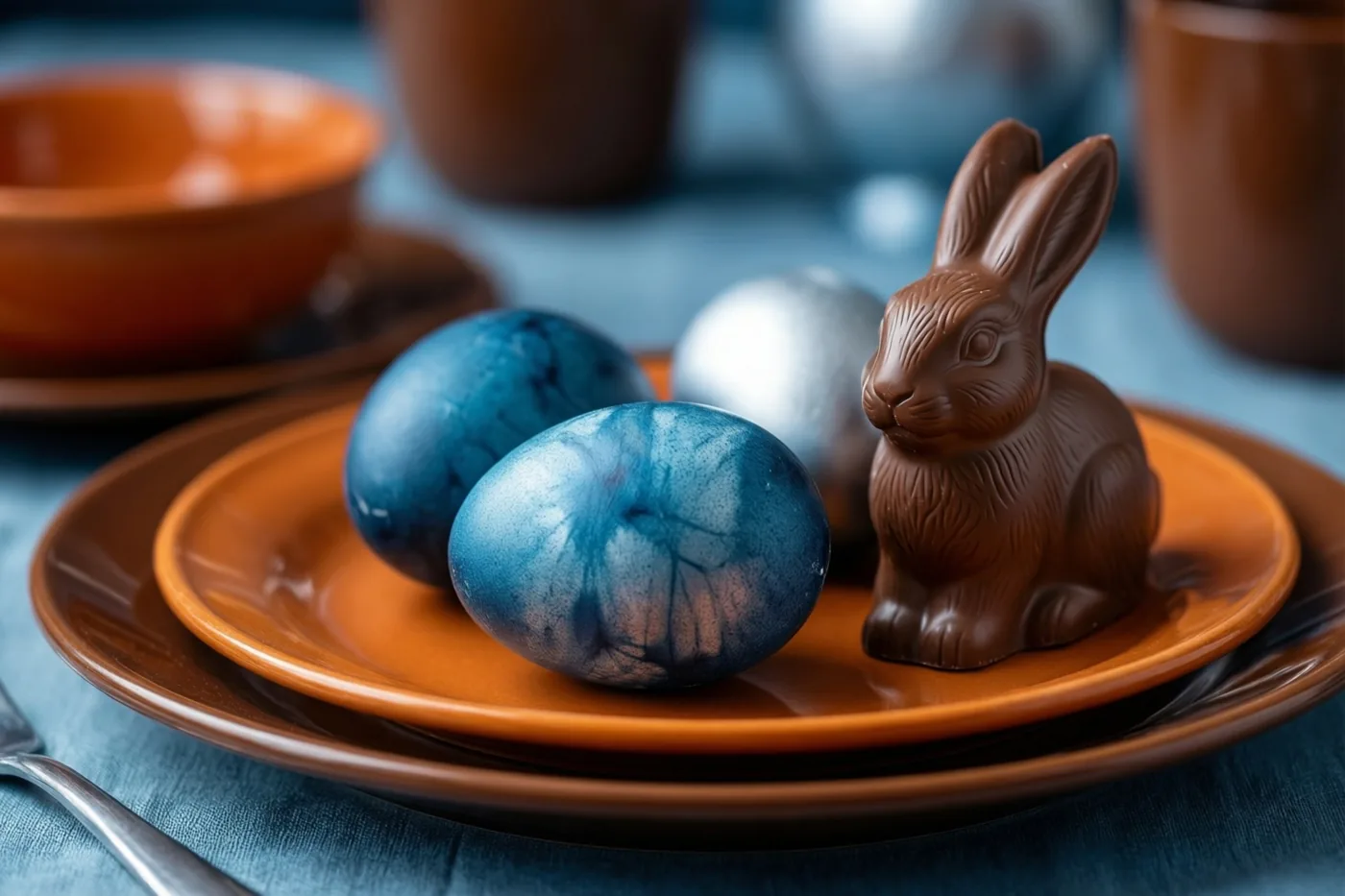 Een chocoladehaas en blauw geverfde eieren staan op gestapelde bruine en oranje borden op een blauw tafelkleed.