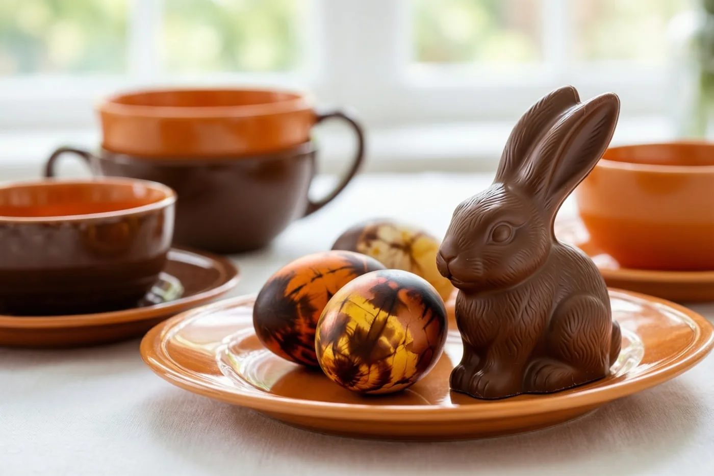 Een chocoladehaas en geverfde eieren staan op een oranje bord naast bruin en oranje servies op een wit tafelkleed, met zacht daglicht van een raam.