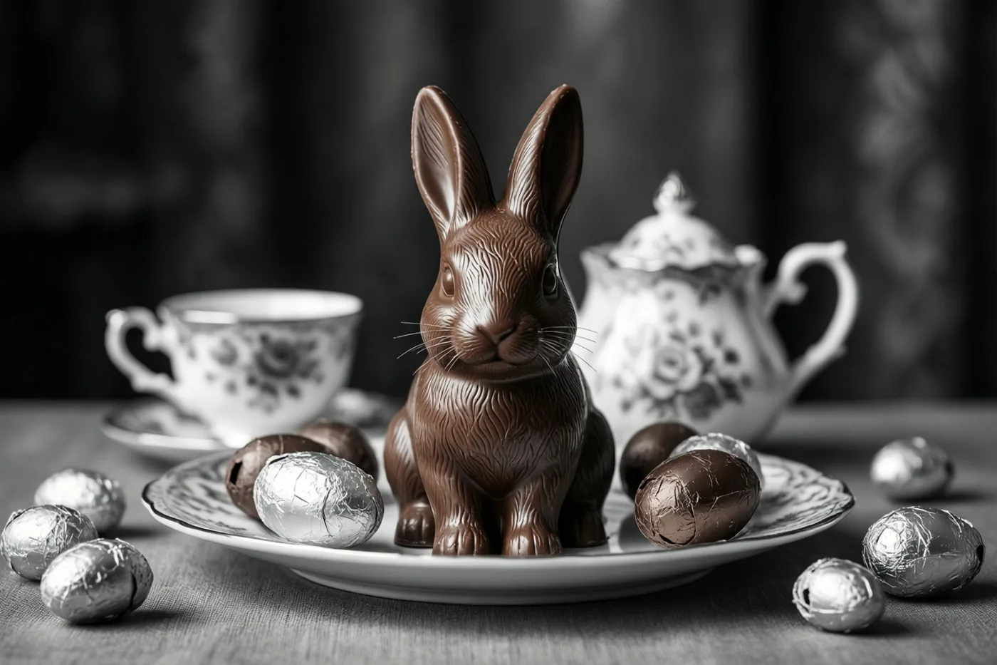 Een chocoladehaasje en verpakte chocolade-eieren liggen op een klein wit bord tussen miniatuuronderdelen van een porseleinen theeservies, tegen een donkere onscherpe achtergrond.