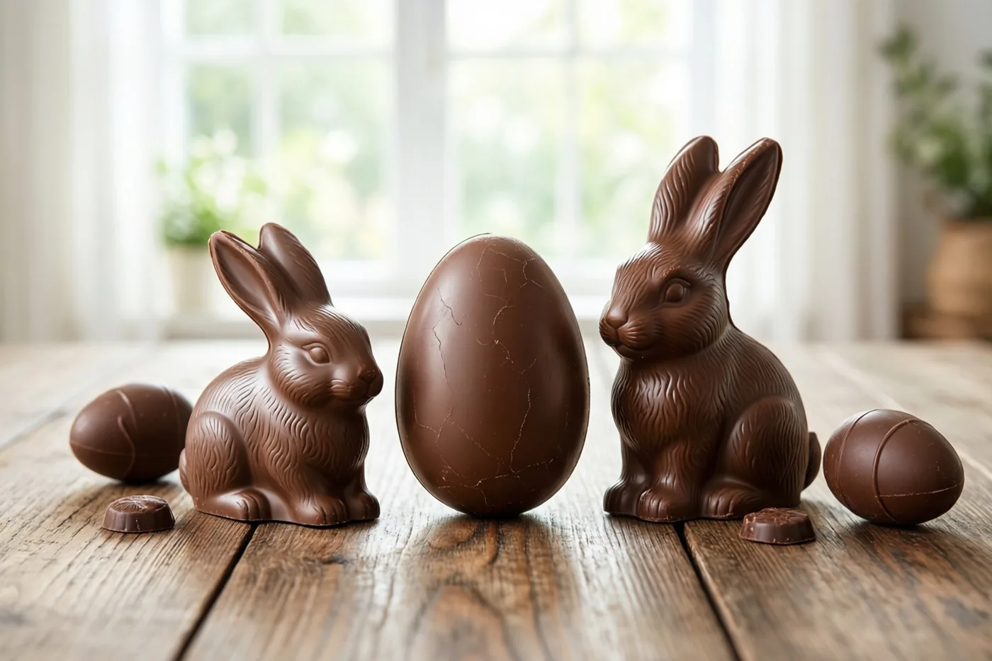 Chocoladehaasjes en chocolade-eieren staan op een rustieke houten tafel in zacht licht van een raam op de achtergrond.