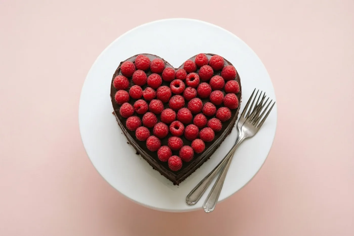 Een hartvormige chocoladetaart met verse frambozen staat op een witte taartstandaard tegen een zachtroze achtergrond, met twee zilveren vorken ernaast op de standaard.
