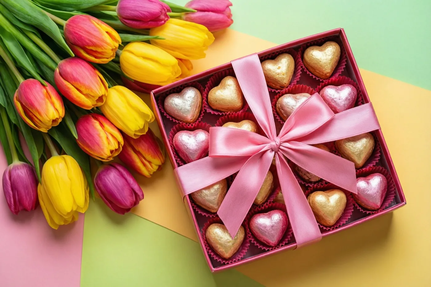 Een geschenkdoos met hartvormige pralines en een roze lint staat naast een boeket kleurrijke tulpen op een pastelkleurig oppervlak.