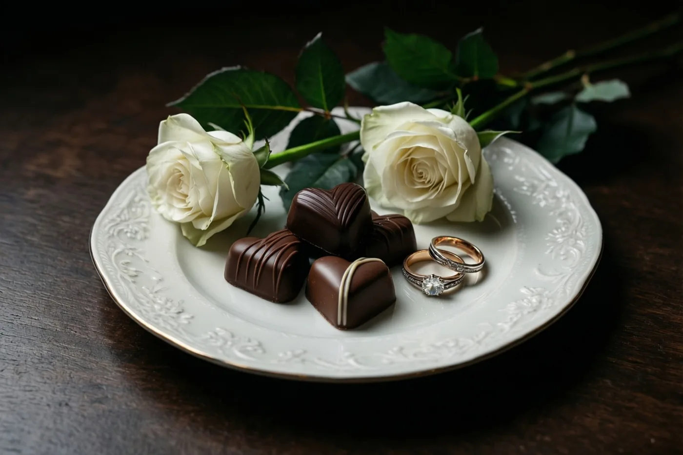Chocoladehartjes, twee trouwringen en twee witte rozen liggen op een wit porseleinen bord op donker hout.