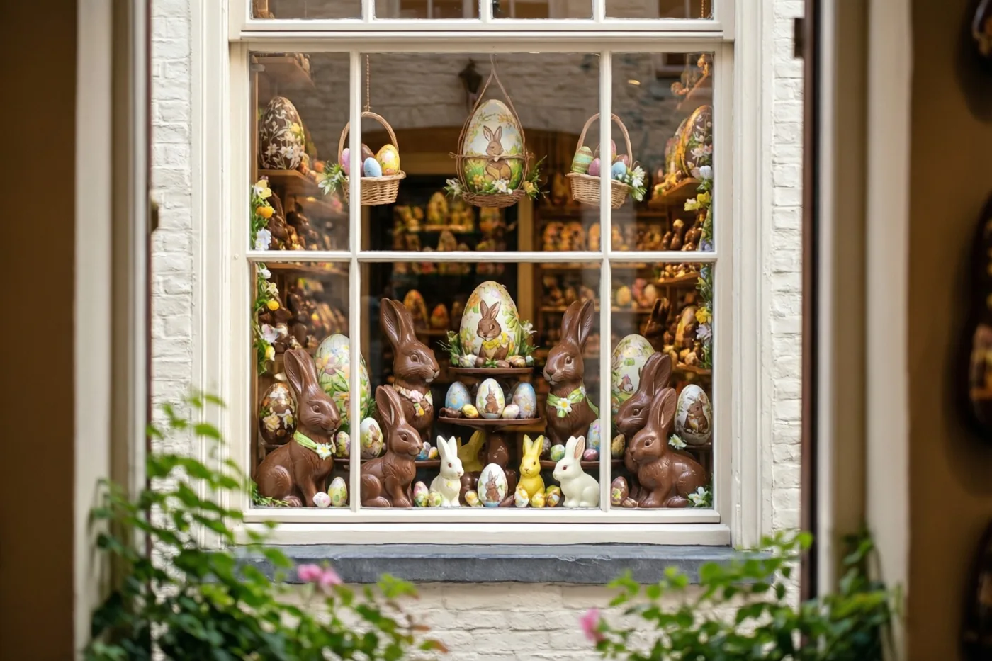 Een winkeletalage in een oud Vlaams stadje bevat chocoladehazen en paaseieren op rekken en in hangmanden, met een witte bakstenen muur en groen op de voorgrond.