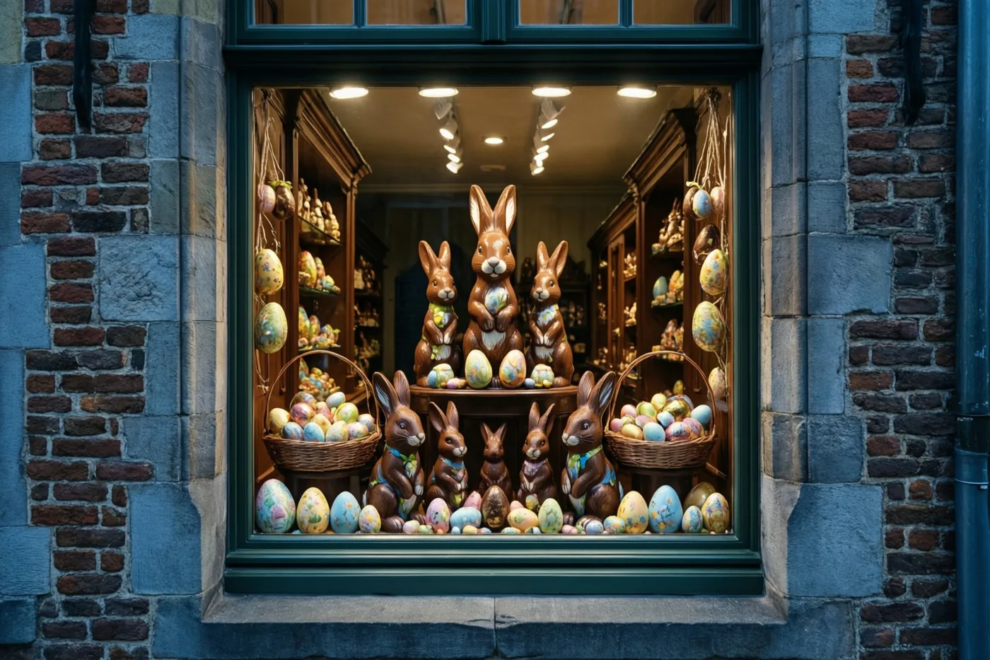 In de warm verlichte etalage van een oud bakstenen gebouw staan chocoladehazen en kleurrijke paaseieren in manden en op rekken.