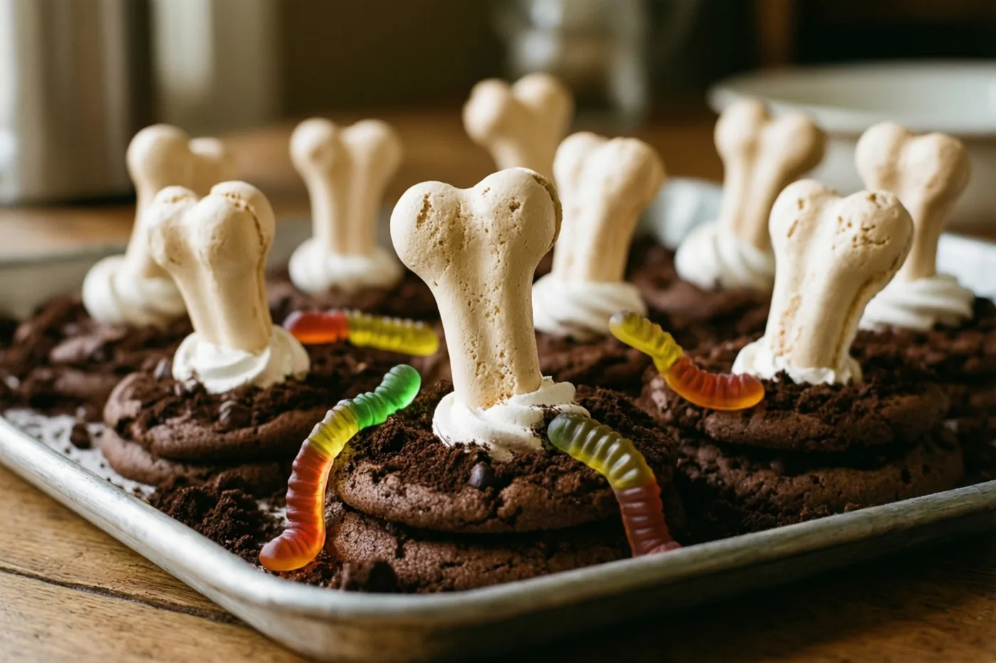 Een schaal chocoladekoekjes met meringuebotjes en snoepwormen, geschikt als botten die uit aarde steken, staat op een houten ondergrond in warm natuurlijk licht.