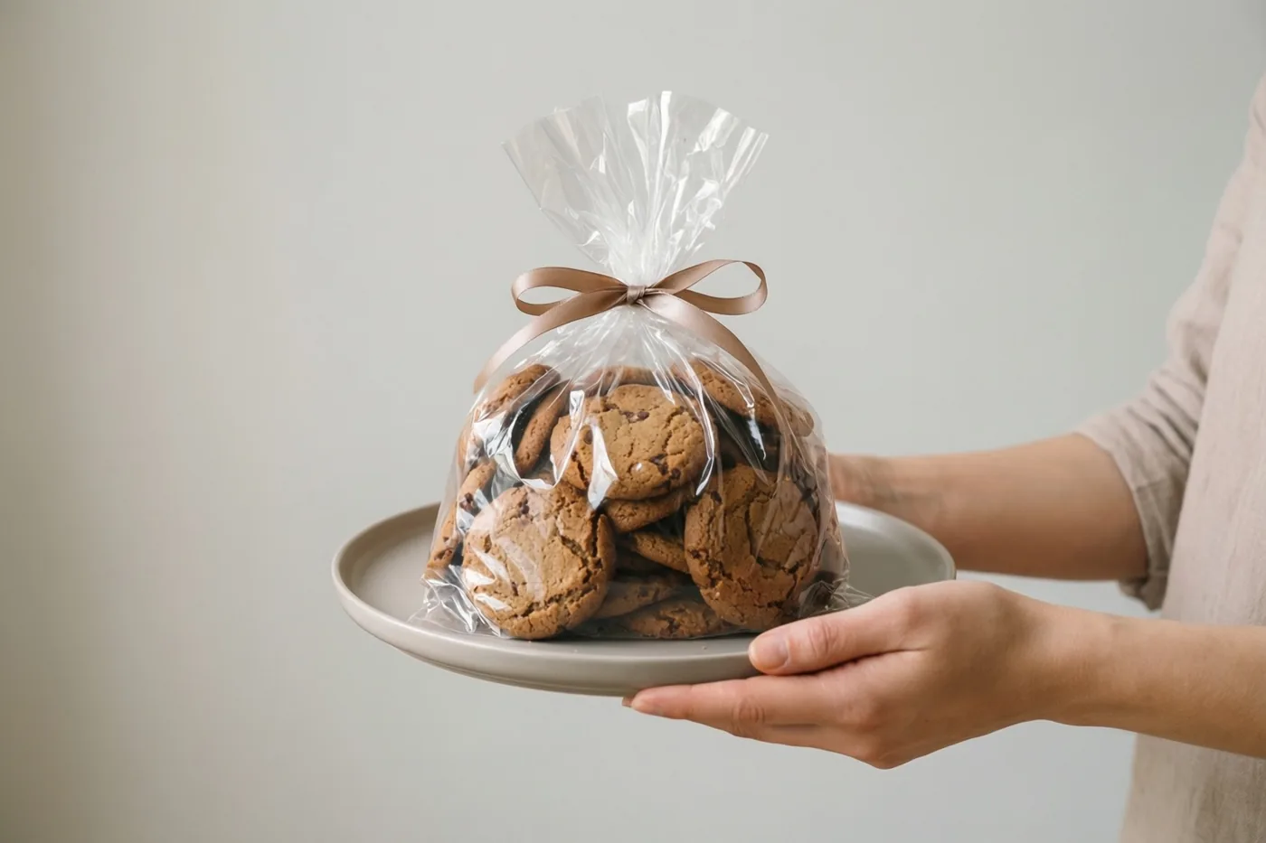 Twee handen houden een bord met een doorzichtig zakje chocoladekoekjes en een bruin lint vast voor een effen lichtgrijze muur.