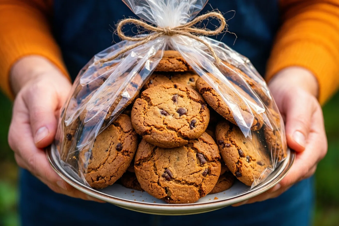 Twee handen reiken buiten een bord zelfgebakken koekjes met stukjes chocolade aan, verpakt in doorzichtig cellofaan met een touwstrik tegen een onscherpe groene achtergrond.