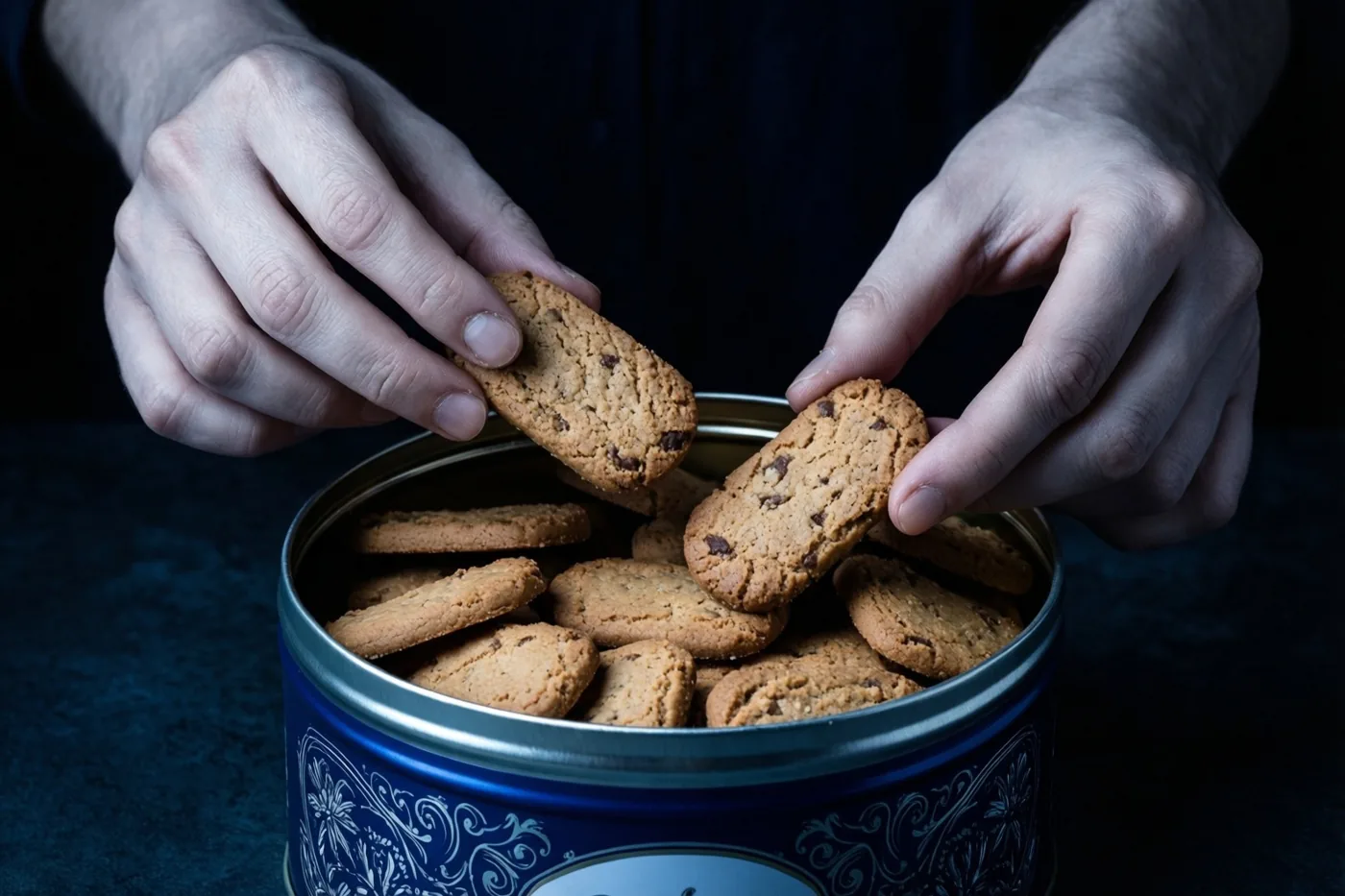 Twee handen nemen koekjes met stukjes chocolade uit een blauw blik tegen een donkere achtergrond in koele blauwe tinten.