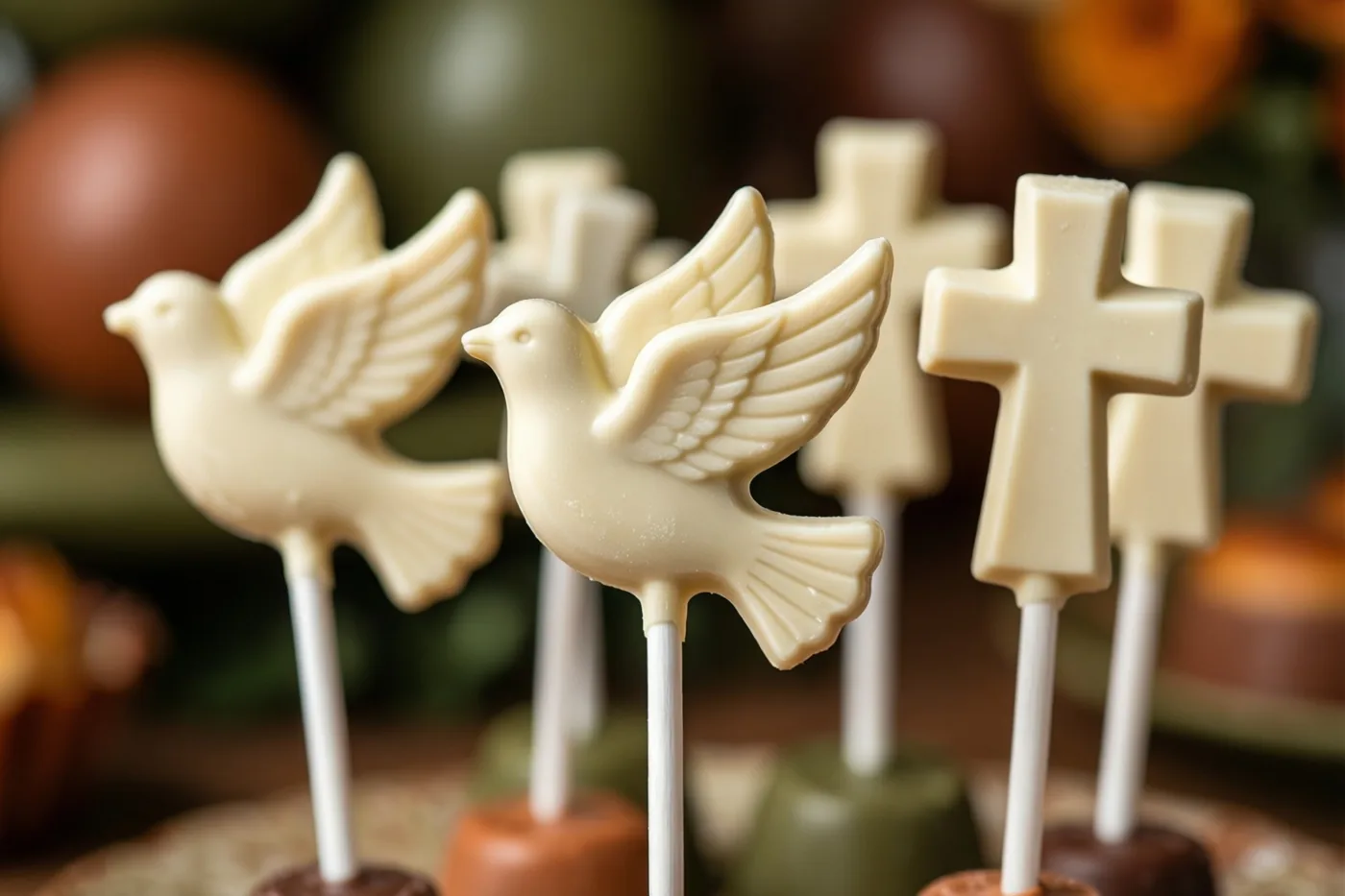 Witte chocoladelolly's in de vorm van duiven en kruisen staan op een tafel tegen een warme, onscherpe achtergrond.