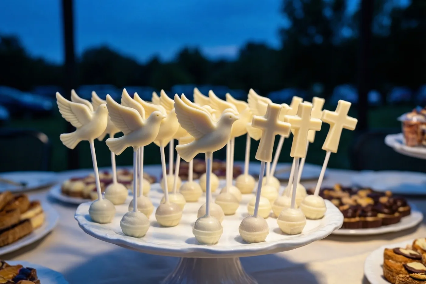Witte chocoladelolly's in de vorm van duiven en kruisen staan op een witte taartstandaard buiten, met bomen en een donkerblauwe schemerhemel op de achtergrond.