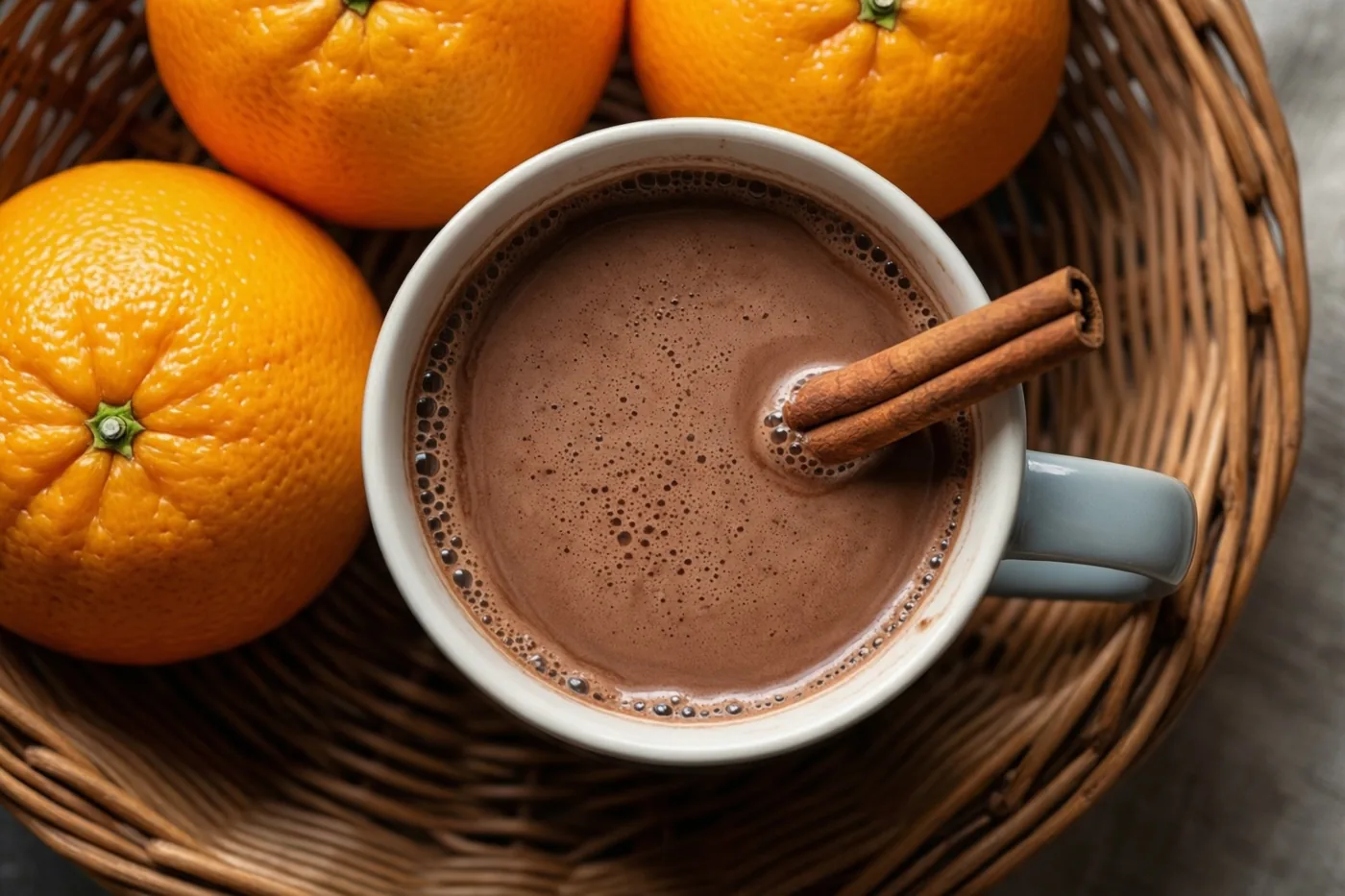 Een witte mok warme chocolademelk met een kaneelstokje staat in een gevlochten mand naast drie sinaasappels.