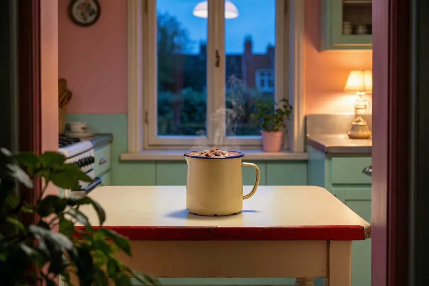 Door een deuropening is een keuken met roze en mintgroene muren te zien, met een dampende emaille kan chocolademelk, speculaas en een rode mijter op een jarenvijftigtafel.