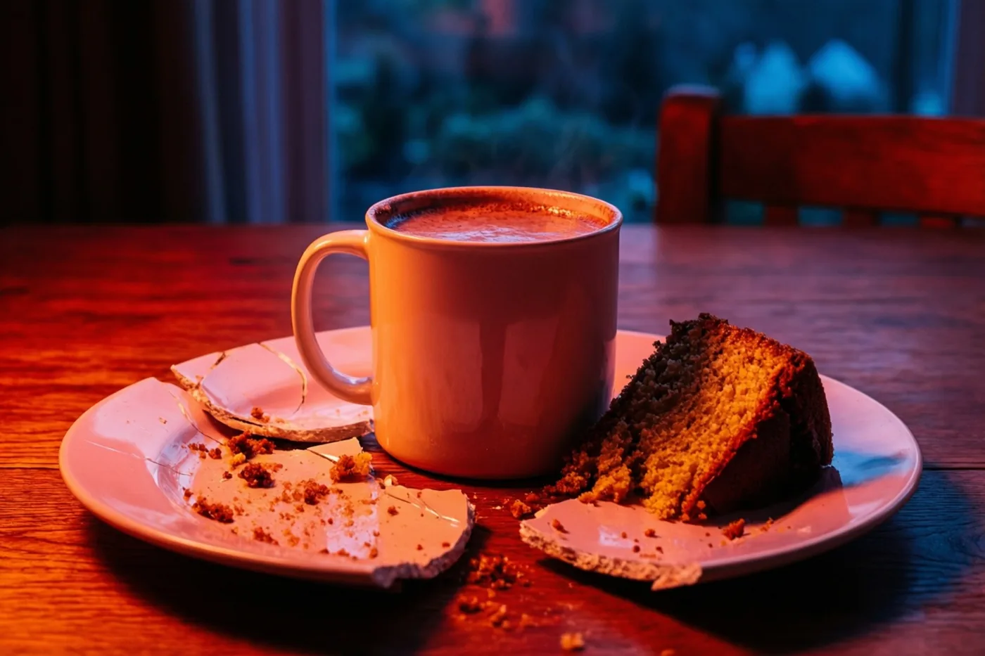 Een mok warme chocolademelk en een stuk cake staan naast een gebroken bord op een houten tafel in warm rood licht, met een koelblauw raam op de achtergrond.