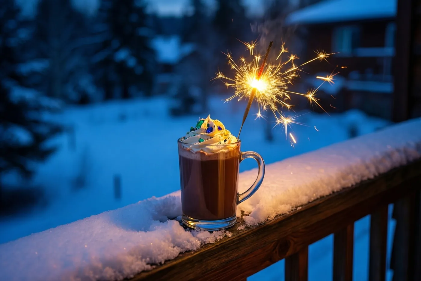 Een mok warme chocolademelk met slagroom en een brandend sterretje staat op een besneeuwde houten balkonleuning in een blauw getinte nacht.