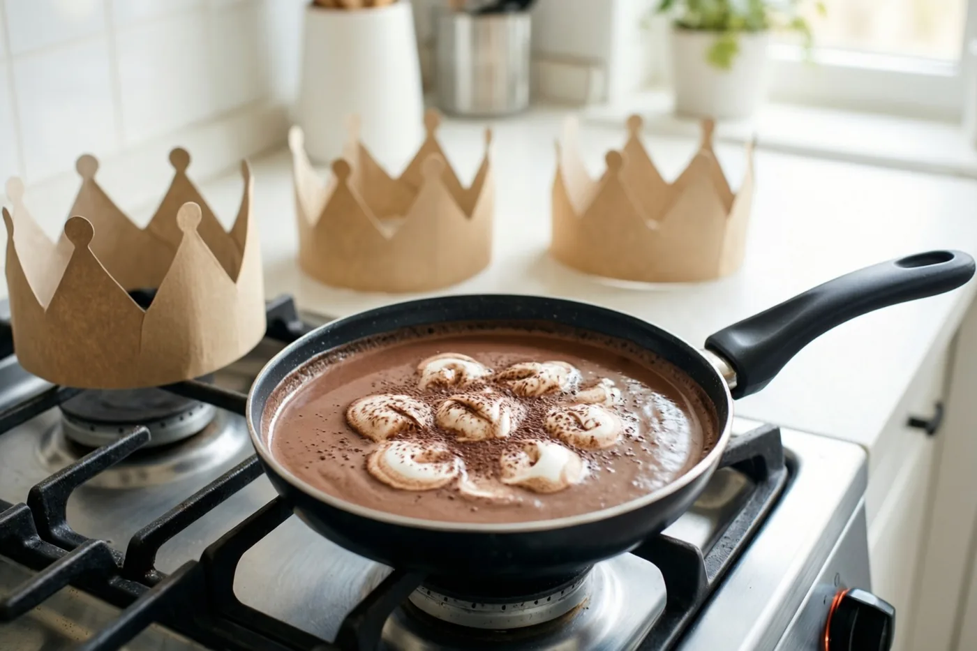 Een zwarte braadpan met warme chocolademelk, marshmallows en cacaopoeder staat op een gasvuur, met drie papieren kronen op het witte aanrecht erachter.