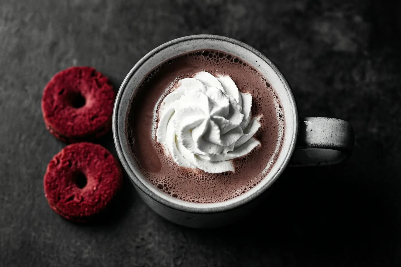 Van bovenaf is een keramieken mok warme chocolademelk met slagroom te zien naast twee redvelvetkoekjes op een donkere ondergrond met structuur.