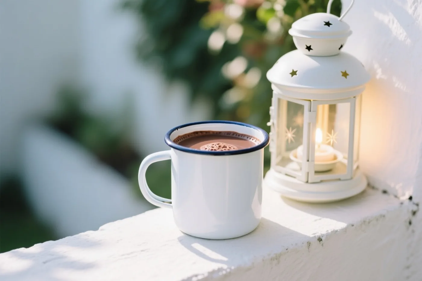 Een witte emaille mok met warme chocolademelk staat op een witte tuinmuur naast een brandende witte lantaarn met stervormige openingen, met wazig groen achteraan.