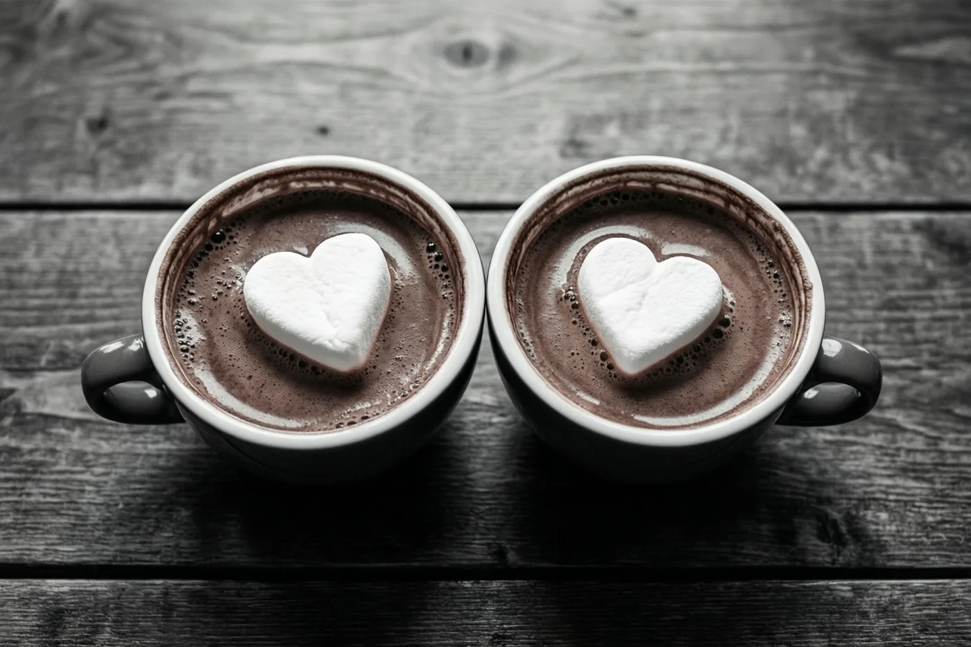 Twee koppen warme chocolademelk met hartvormige marshmallows staan dicht bij elkaar op een donkere houten tafel in een monochroom beeld.