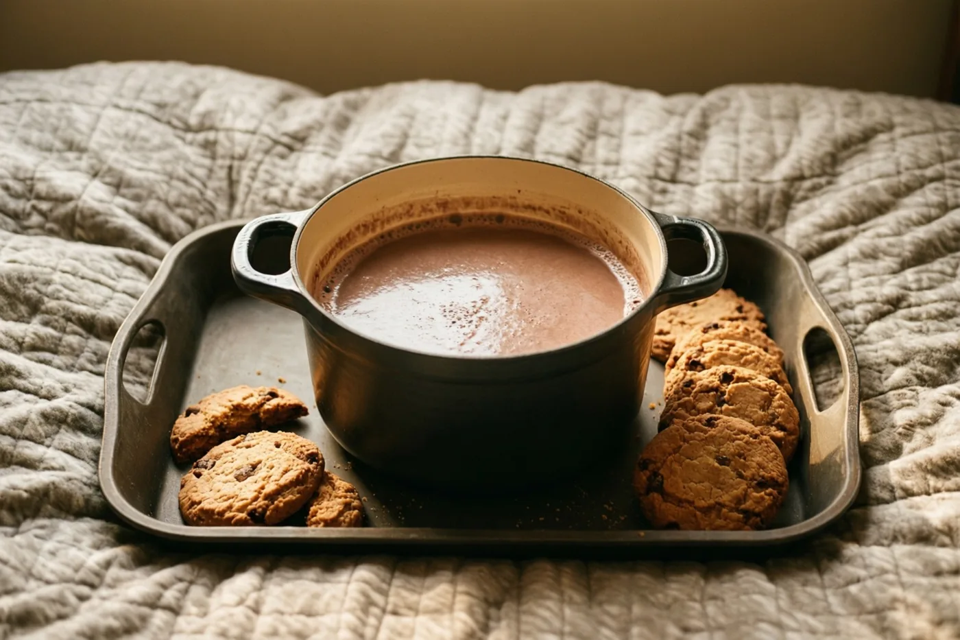 Een donkere pot warme chocolademelk staat met koekjes met chocoladestukjes op een metalen dienblad op een beige dekbed met reliëf.