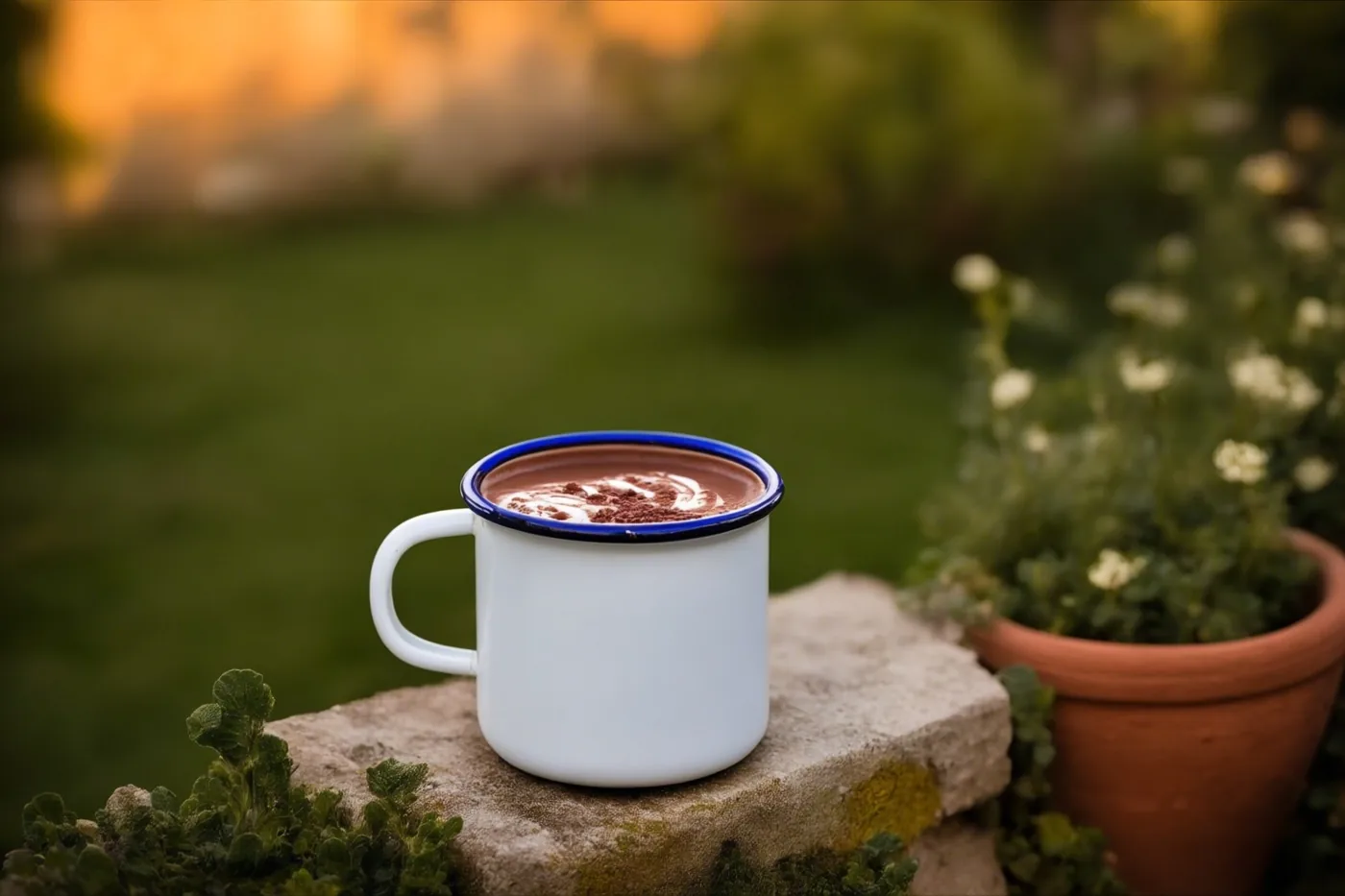Een witte emaille mok met blauwe rand en warme chocolademelk met cacaopoeder staat op een stenen tuinmuur, met een wazige groene tuin en een terracotta pot met witte bloemen achteraan.