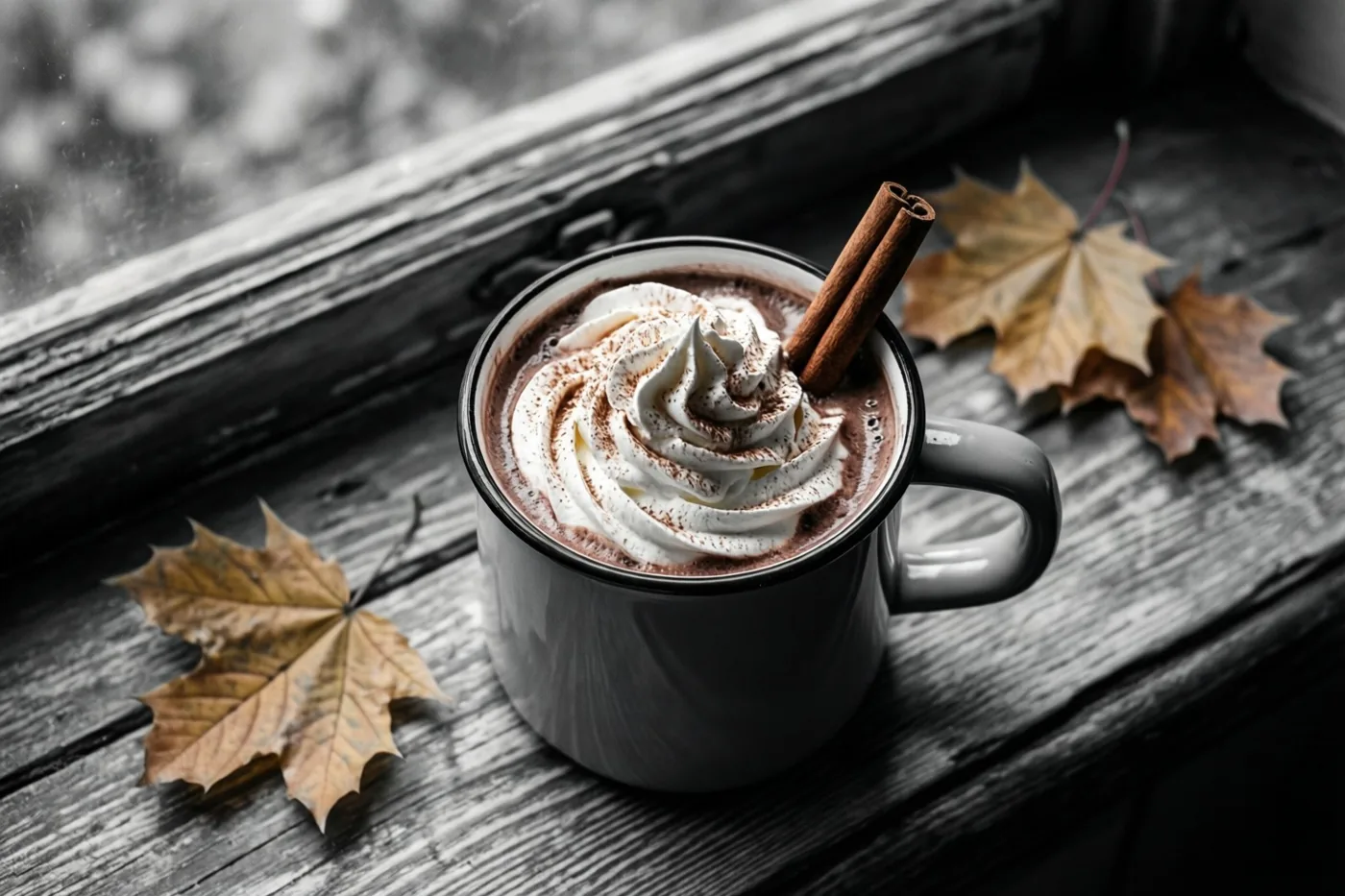Een mok warme chocolademelk met slagroom en een kaneelstokje staat tussen gevallen herfstbladeren op een verweerde houten vensterbank, in gedempte tinten met selectieve kleuraccenten.