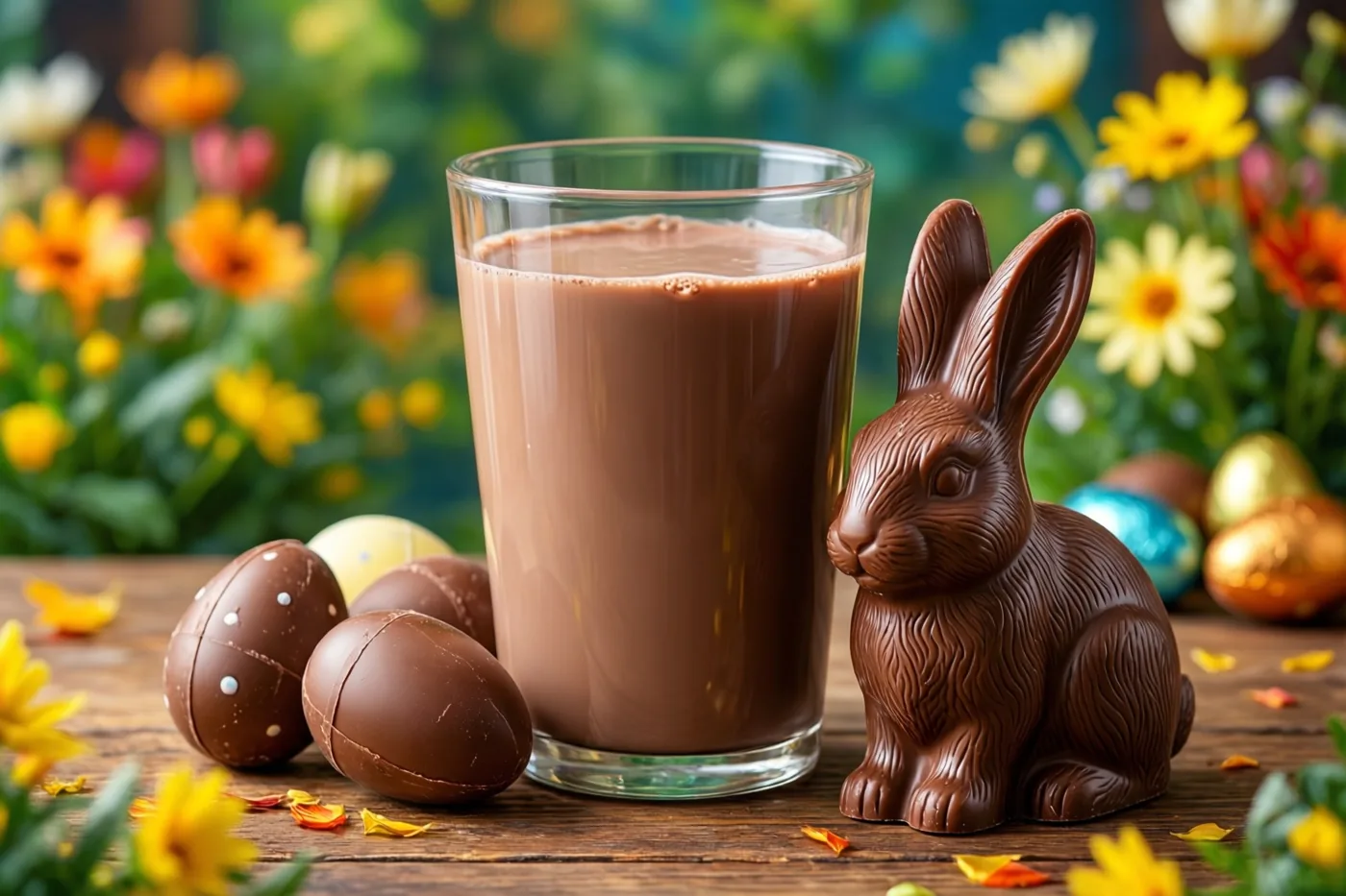 Een glas chocolademelk staat met een chocoladehaas en chocolade-eieren op een houten oppervlak tussen kleurrijke bloemen in een tuin.