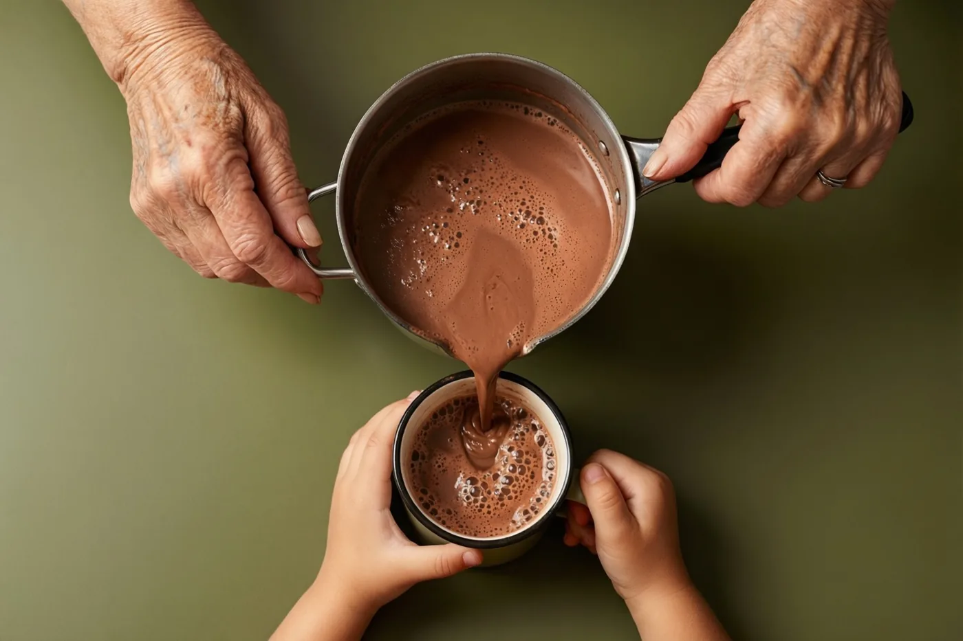 Van bovenaf zie je hoe oma's gerimpelde handen warme chocolademelk uit een klein metalen pannetje schenken in een mok die een kind vasthoudt, tegen een olijfgroene achtergrond.