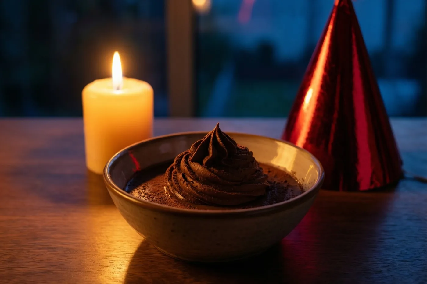 Een kom chocolademousse met een toef slagroom staat op een houten tafel naast een brandende kaars en een rood feesthoedje.