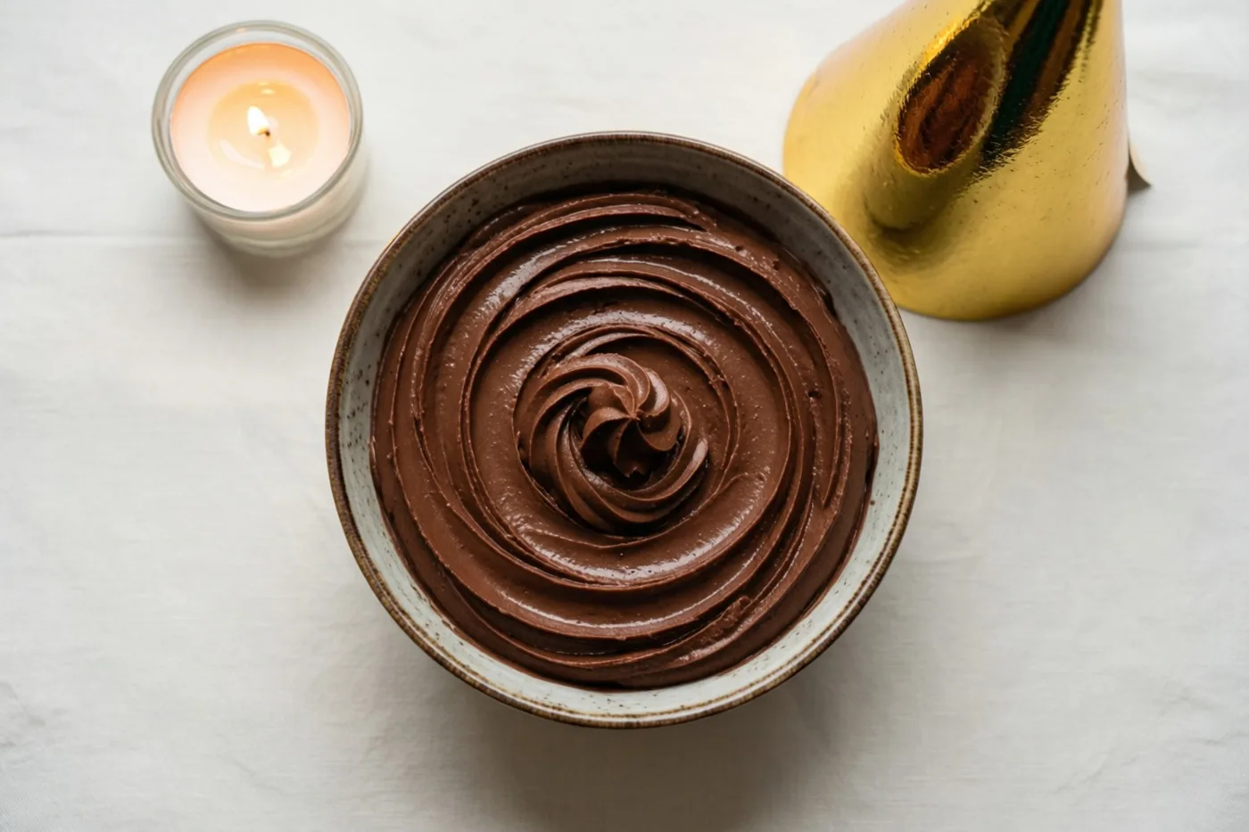 Een kom chocolademousse met een spiraalvormig patroon staat op een wit tafelkleed naast een brandende kaars en een goudkleurig feesthoedje.