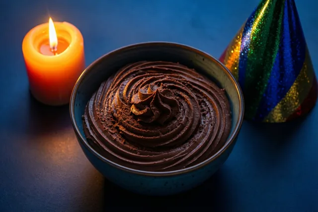 Jarig met een kommetje chocolade