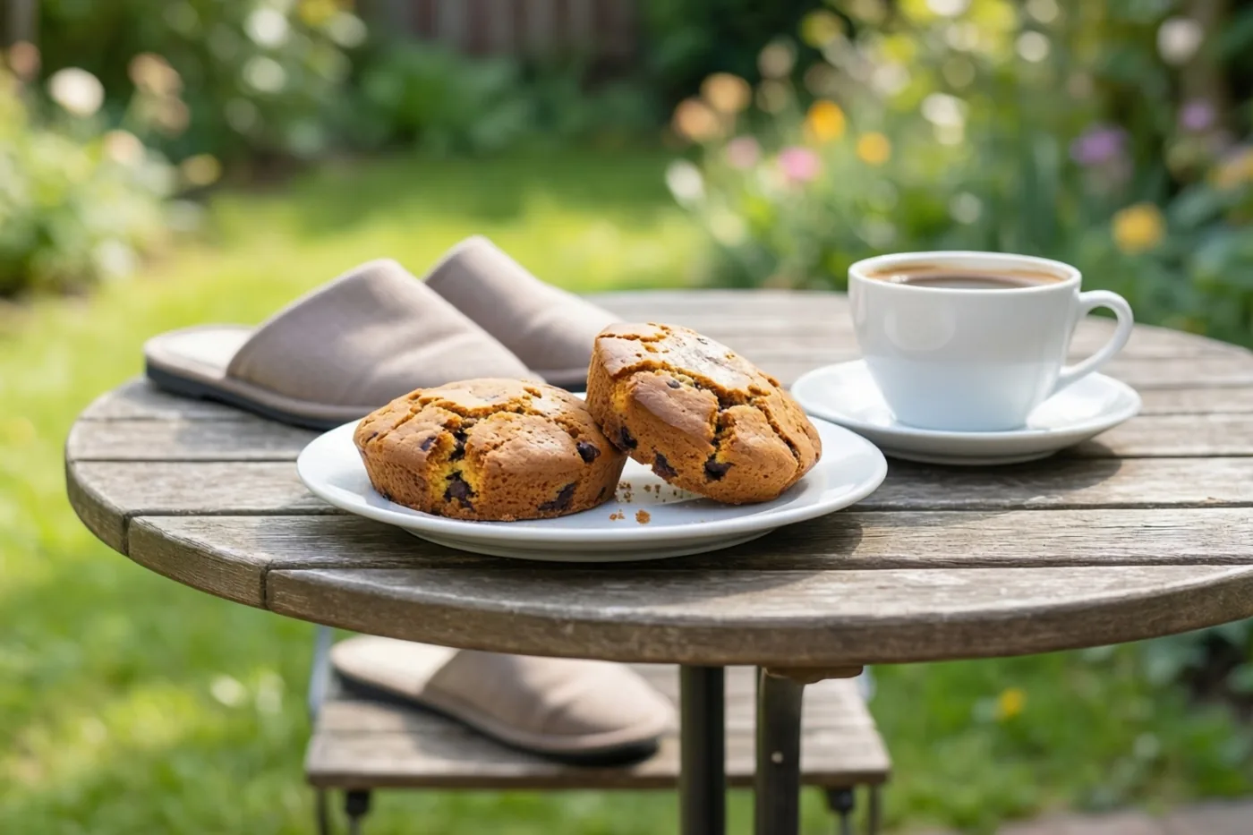 Twee muffins met chocoladestukjes en een kop koffie staan op een houten tuintafel in het zonlicht, met pantoffels onder de tafel en groen op de achtergrond.