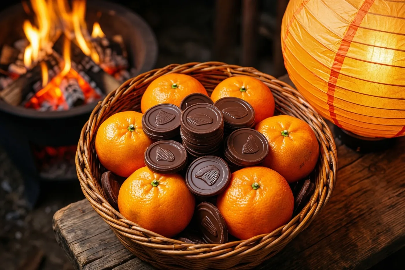 Een rieten mand gevuld met mandarijnen en chocolademunten staat op hout naast een gloeiend vuur en een oranje papieren lantaarn.