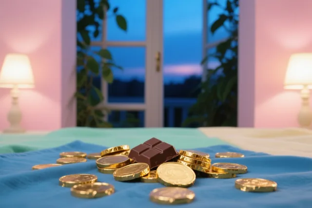 Chocolademunten in goudfolie liggen verspreid op een blauwe doek in een roze kamer met lampen aan weerszijden en een raam met zicht op de schemering.