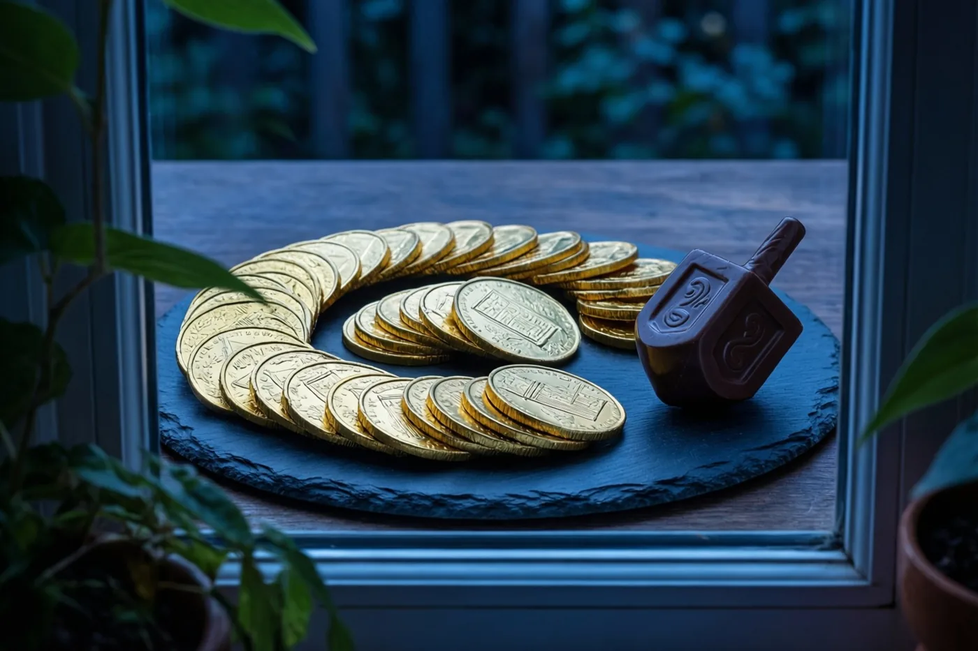 Op een vensterbank staat een donkere leistenen schaal met chocolademunten in goudfolie in een spiraal en een chocoladedreidel, omringd door groen in koel blauw licht.