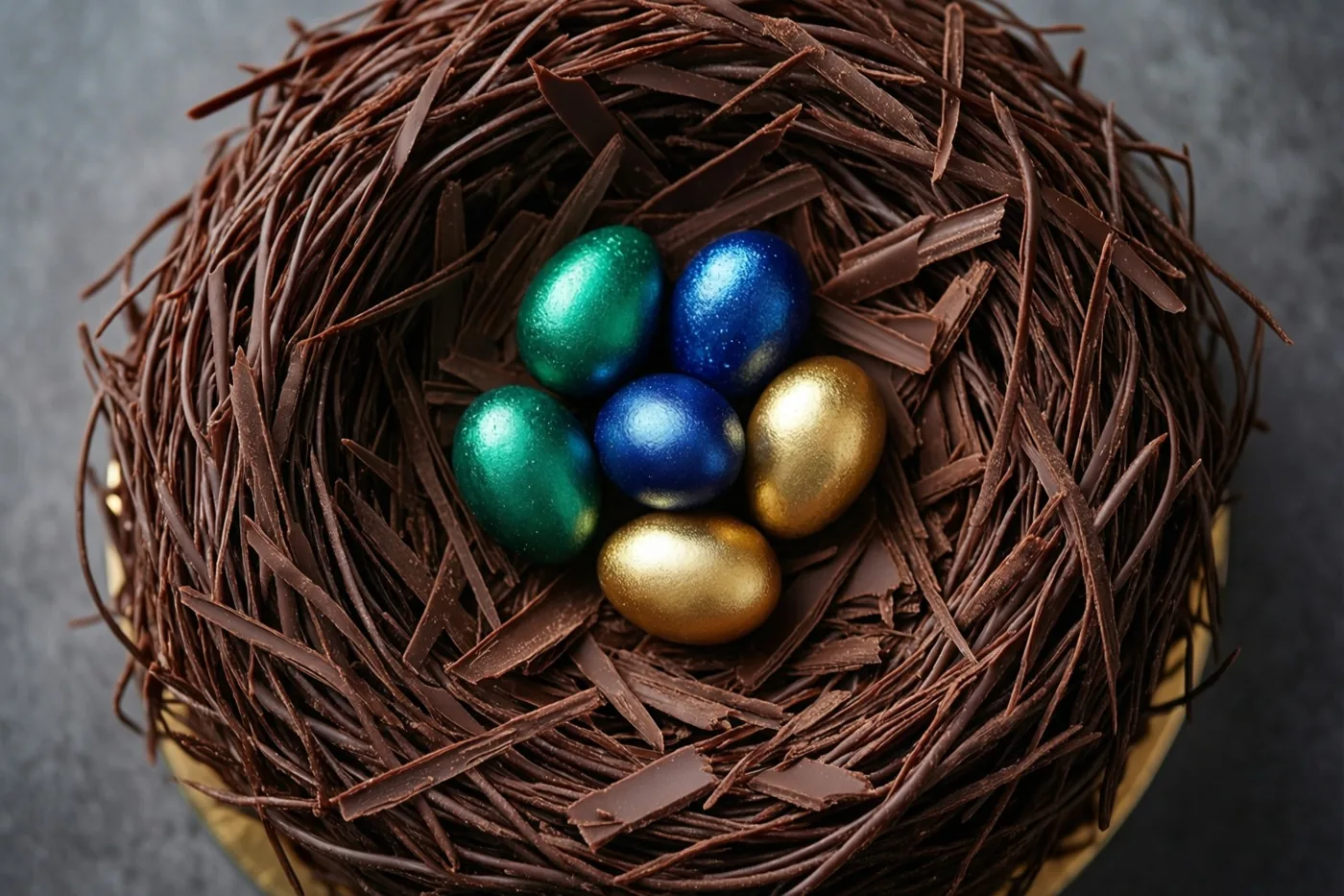 Van bovenaf is een nestvormige chocoladetaart met chocoladeschilfers en glanzende groene, blauwe en gouden suikereitjes te zien op een gouden taartonderlegger tegen een donkergrijze achtergrond.