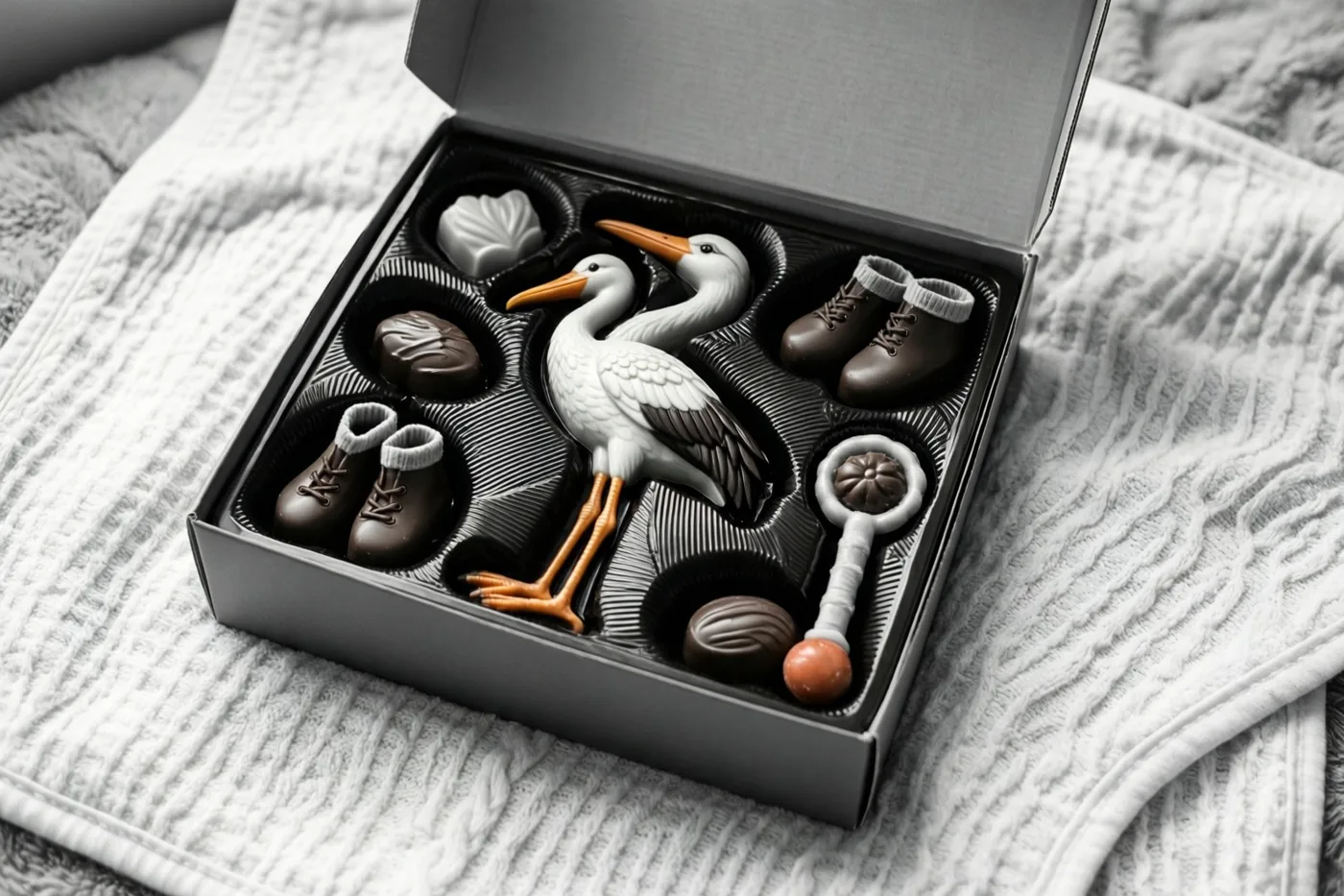 Een open doos chocolaatjes in de vorm van ooievaars, babyslofjes en rammelaars staat op een witte babydeken met reliëf in een zwart-witbeeld met oranje ooievaarssnavels en -poten.