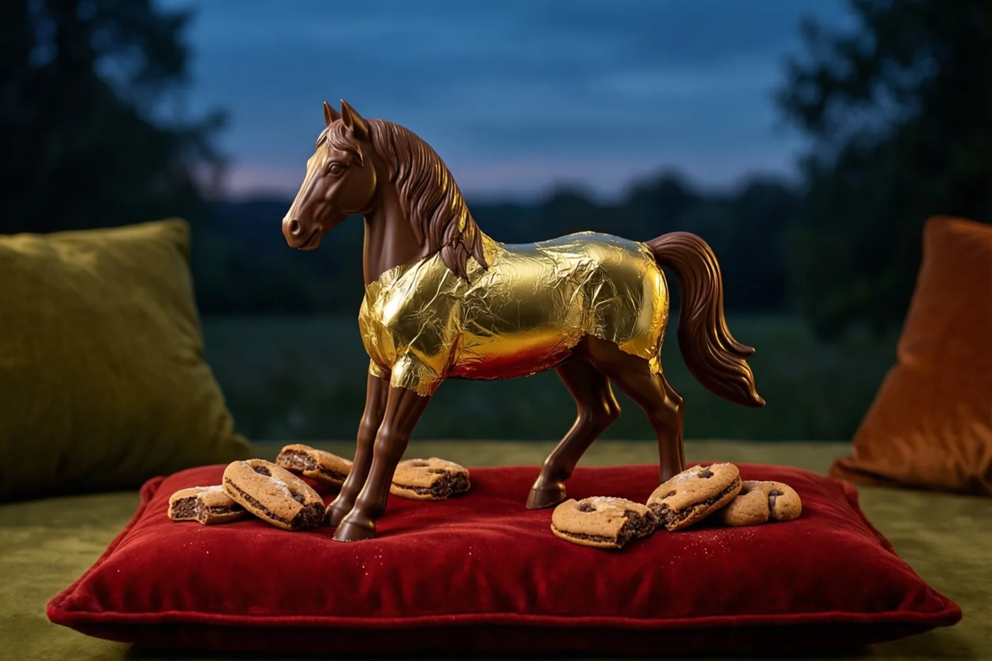 Een chocoladepaard in goudfolie staat buiten in de schemering op een rood fluwelen kussen tussen gebroken pepernoten, met onscherpe bomen en kussens op de achtergrond.