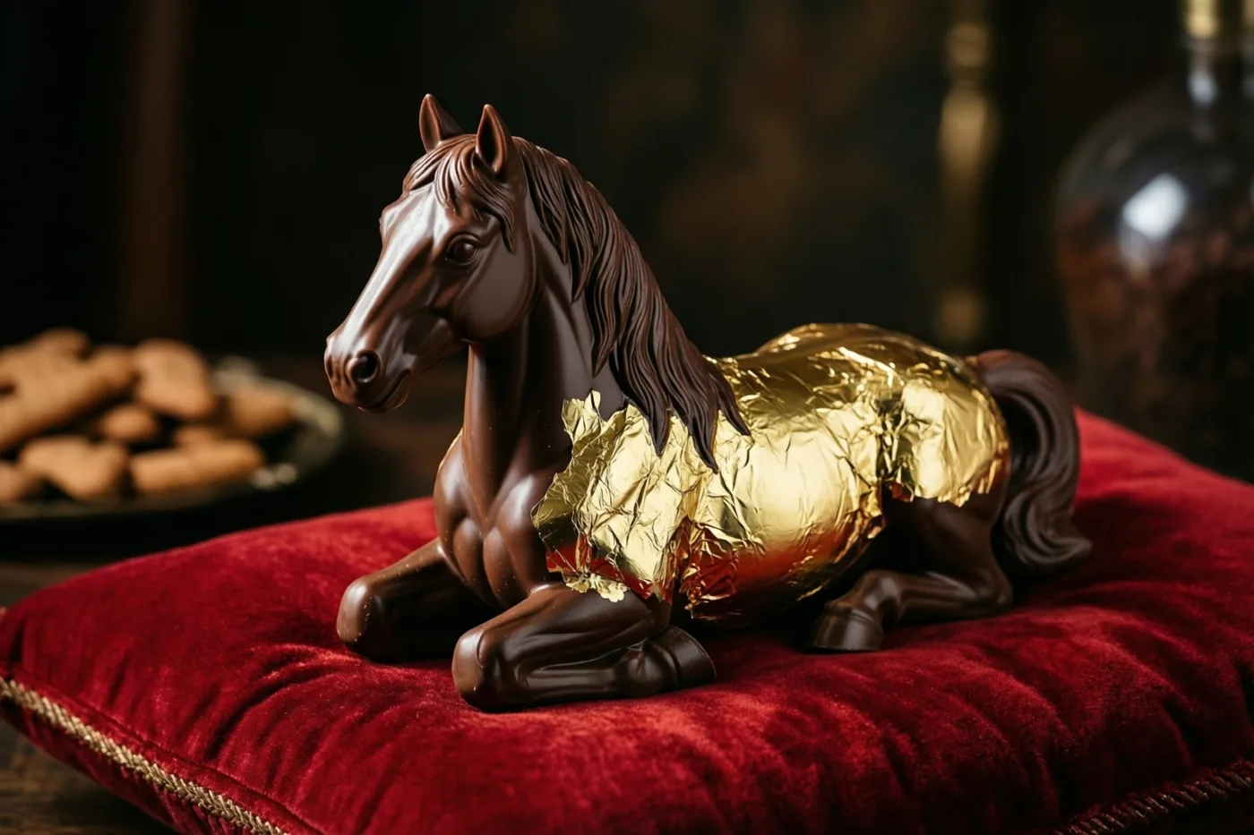 Een chocoladepaard, gedeeltelijk verpakt in goudfolie, ligt op een rood fluwelen kussen, met een bord pepernoten op de achtergrond in een donker interieur.