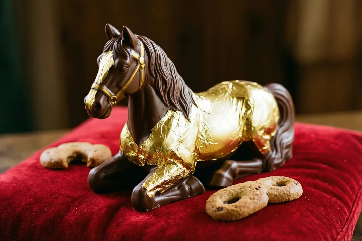 Een chocoladepaard met goudfolie ligt op een rood fluwelen kussen naast enkele pepernoten, tegen een donkerhouten achtergrond.