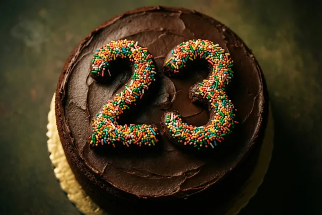 Een ronde taart met glad chocoladeglazuur en 23 in gekleurde suikerstrooisels staat op een goudkleurige kartonnen onderlegger tegen een donkere achtergrond, van bovenaf gezien.