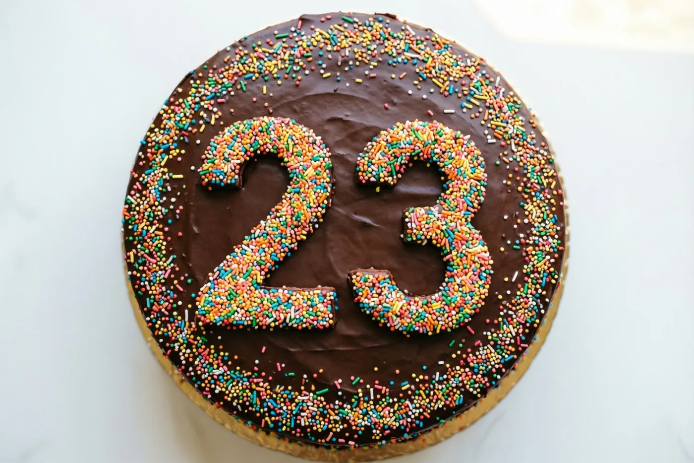 Van bovenaf is een ronde chocoladetaart te zien met 23 in gekleurde suikerstrooisels tegen een witte achtergrond.