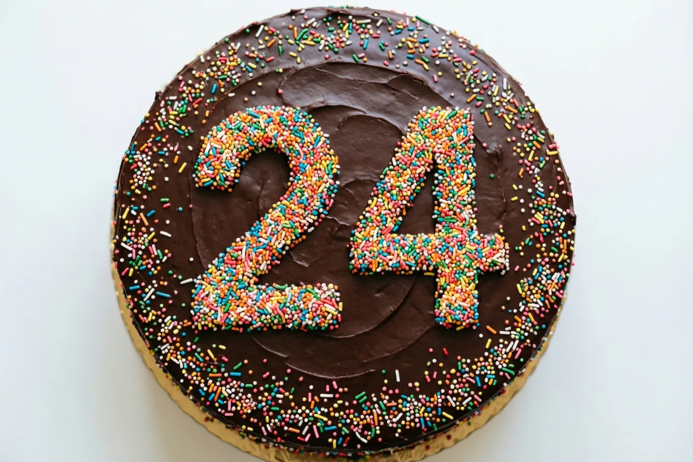 Een ronde chocoladetaart met 24 in gekleurde suikerstrooisels staat op een goudkleurige kartonnen onderlegger tegen een witte achtergrond, van bovenaf gezien.