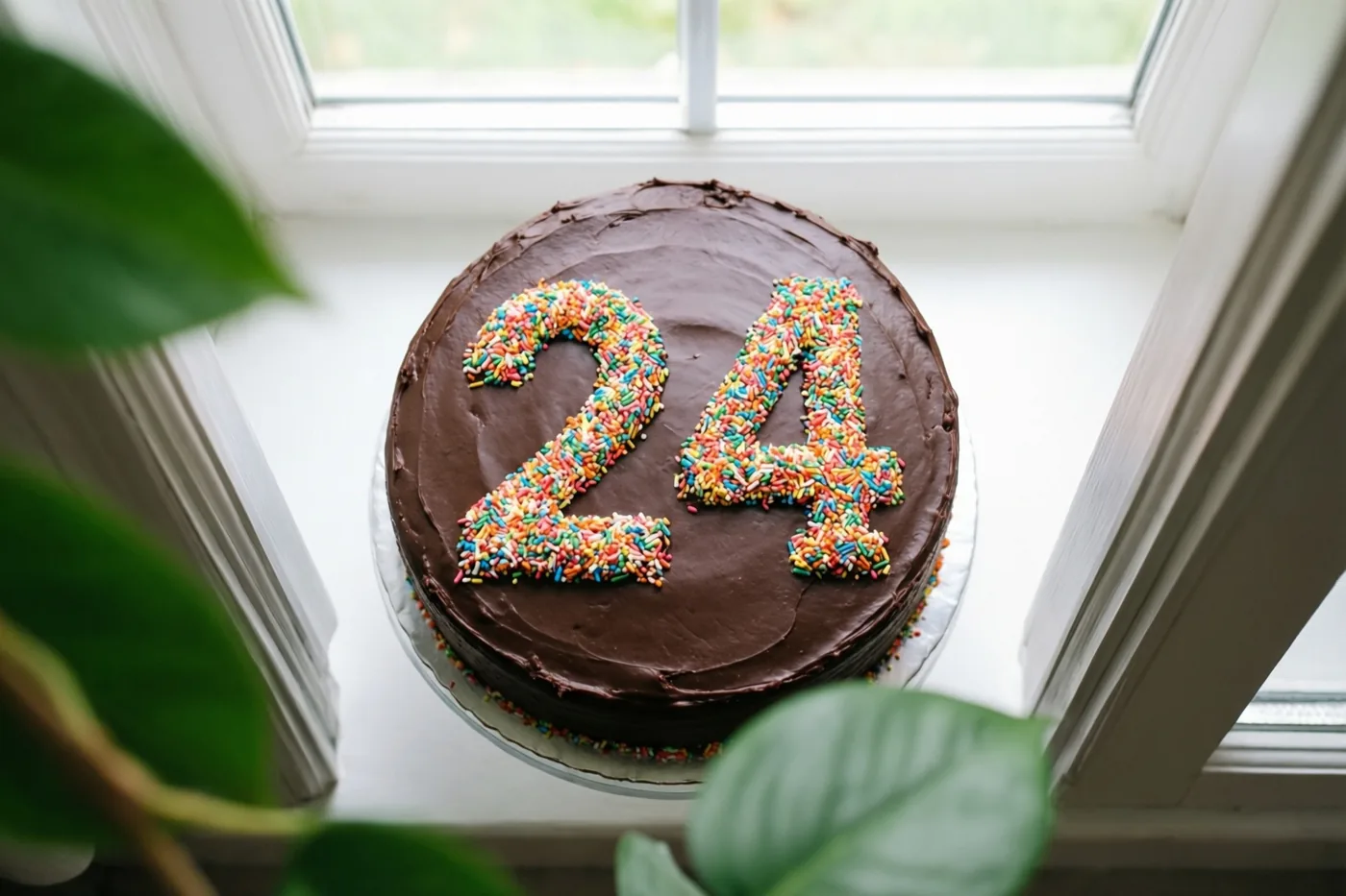 Een ronde taart met chocoladeglazuur en 24 in gekleurde suikerstrooisels staat op een vensterbank, met groene bladeren op de voorgrond en daglicht door het raam.