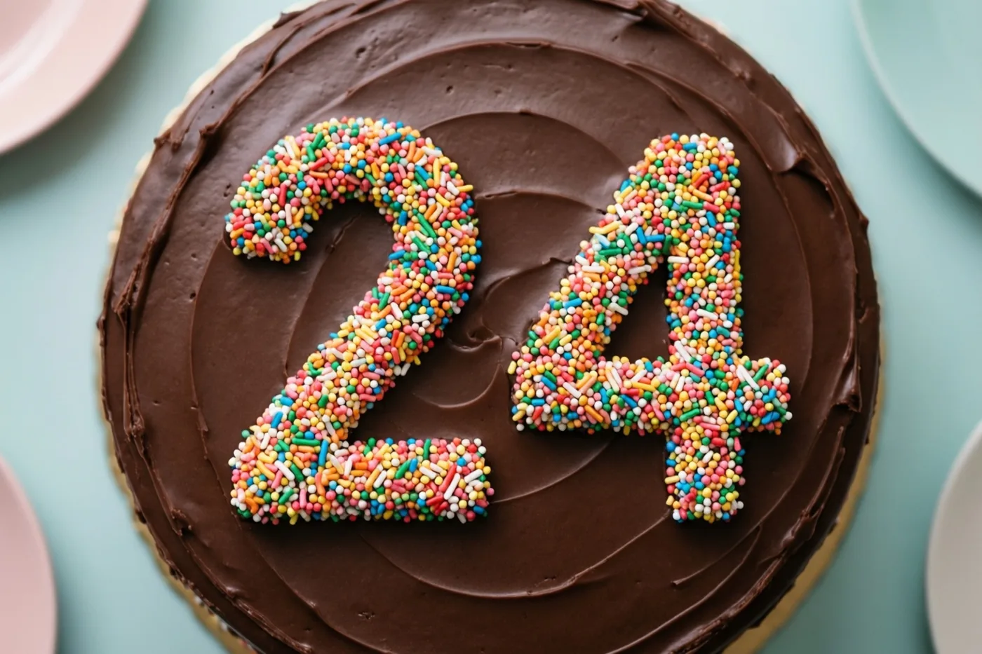 Van bovenaf is een ronde chocoladetaart met 24 in gekleurde suikerstrooisels te zien tegen een lichtblauwe achtergrond, met enkele borden gedeeltelijk in beeld.