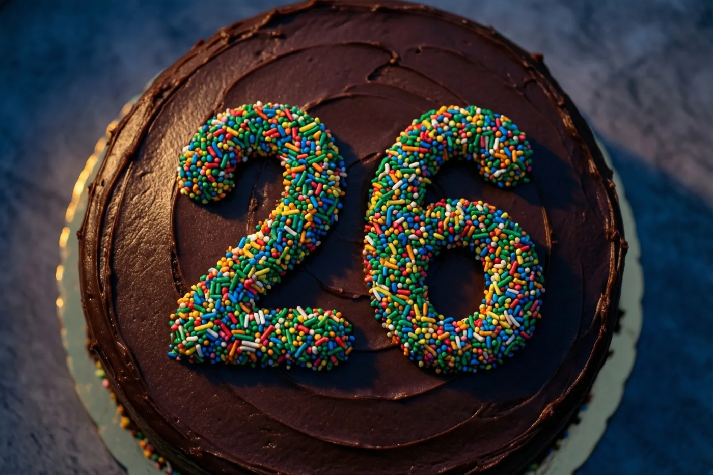 Een ronde chocoladetaart met 26 in gekleurde suikerstrooisels staat op een lichtgekleurd bord tegen een donkerblauwe achtergrond met textuur, van bovenaf gezien.