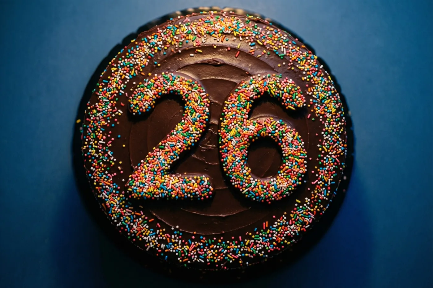 Een ronde chocoladetaart met 26 in gekleurde suikerstrooisels is van bovenaf gefotografeerd tegen een effen blauwe achtergrond.