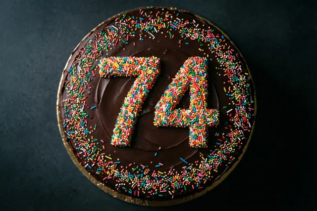 Een ronde chocoladetaart met glad chocoladeglazuur heeft 74 en een rand van gekleurde suikerstrooisels, van bovenaf gezien tegen een donkere achtergrond.