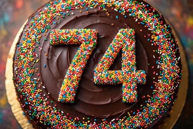 Een ronde taart met chocoladeglazuur en 74 van gekleurde suikerstrooisels staat op een gouden taartkarton, van bovenaf gezien tegen een onscherpe kleurrijke achtergrond.