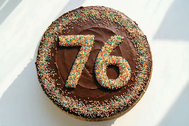 Van bovenaf is een ronde chocoladetaart te zien met 76 van gekleurde suikerstrooisels, op een effen witte achtergrond met zachte schaduwen.